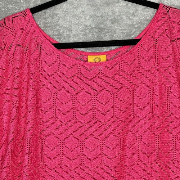Ruby Rd XL Shirt Top Fuchsia Pink Short Sleeve Scoop Neck Sheer Knit Peplum - Picture 4 of 7